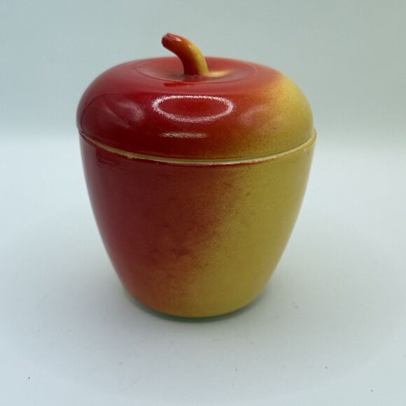 Vtg Hazel Atlas Apple Glass Sugar Jelly Jar Container w Lid Red Yellow Covered - Picture 1 of 10